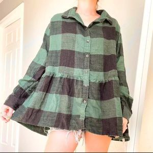 American Eagle Outfitters Green Plaid Peplum Flannel Button Down Top | Small